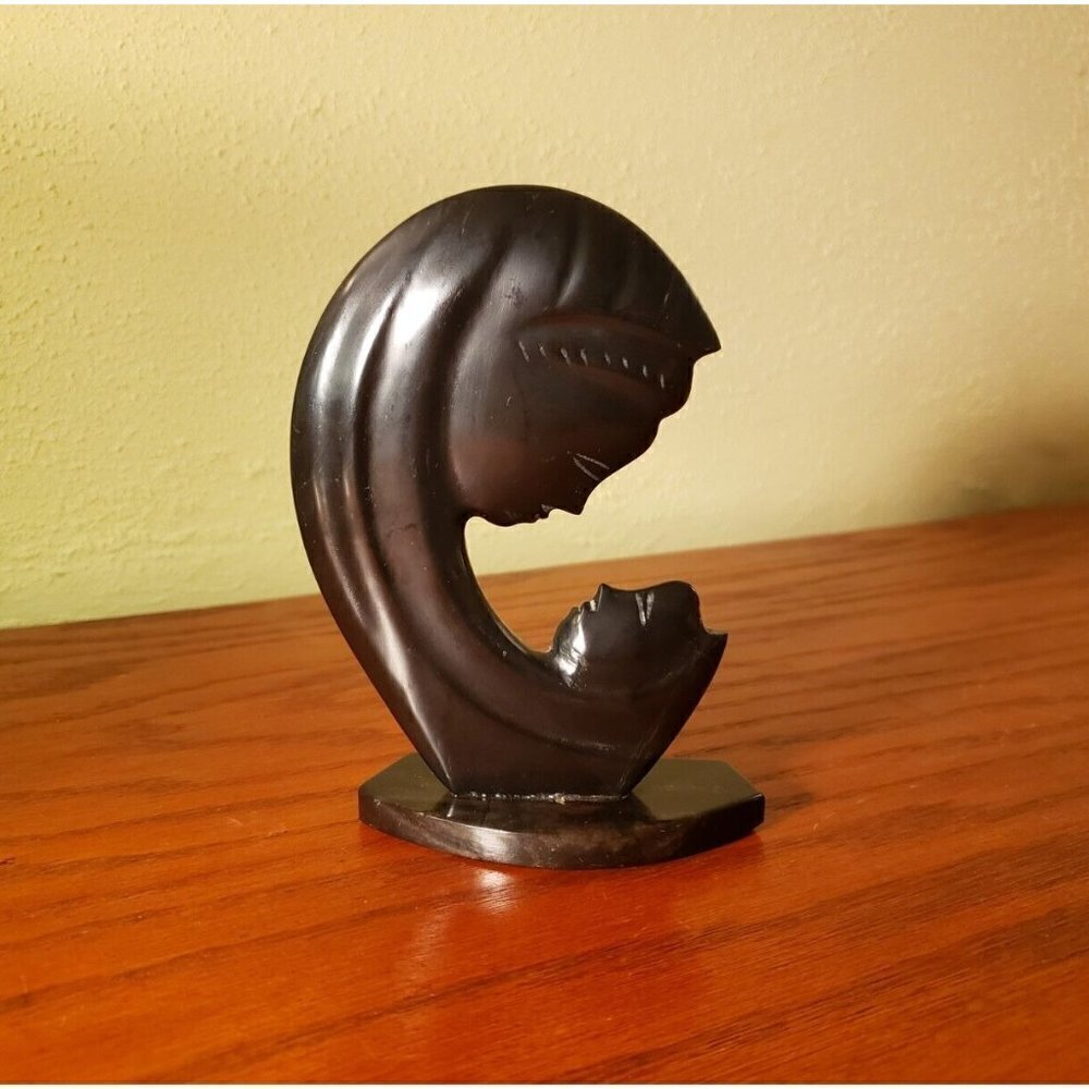 Sculpture Mother Mary & Baby Jesus Hand Carved Black Onyx Mid Century Modern 5"